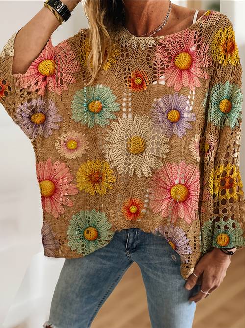 spring summer elegant womens square neck diamond hollow batwing drop shoulder loose floral print long sleeve top casual elegant sweater loose batwing shoulder spring summer fall clothing womens wear net bust
