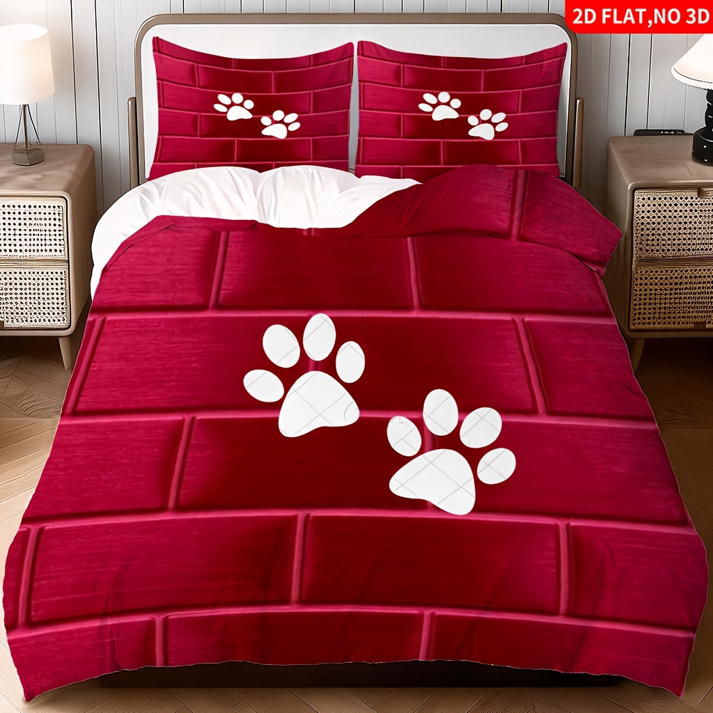 TEMU 2/3pcs Red Brick White Paw Print Seamless -piece Bedding, (1 Duvet Cover And 1/2 Pillowcases, No Filler), Queen/full Size/single Bed, Ideal For