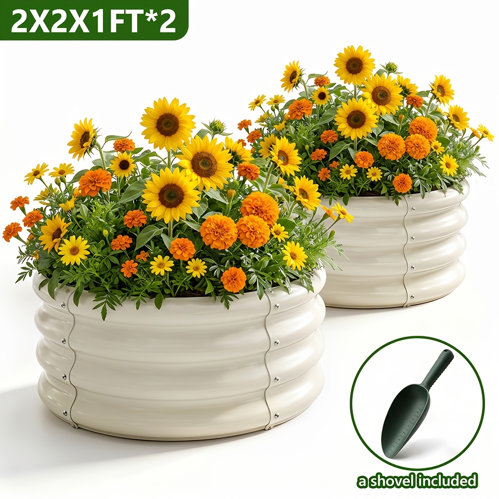 TEMU 4/2pcs Round Raised Garden Beds, 2×2×1ft Heavy-duty Galvanized Steel Planters, Rust-proof Raised Planting Beds, Includes Shovel, Easy Assembly,