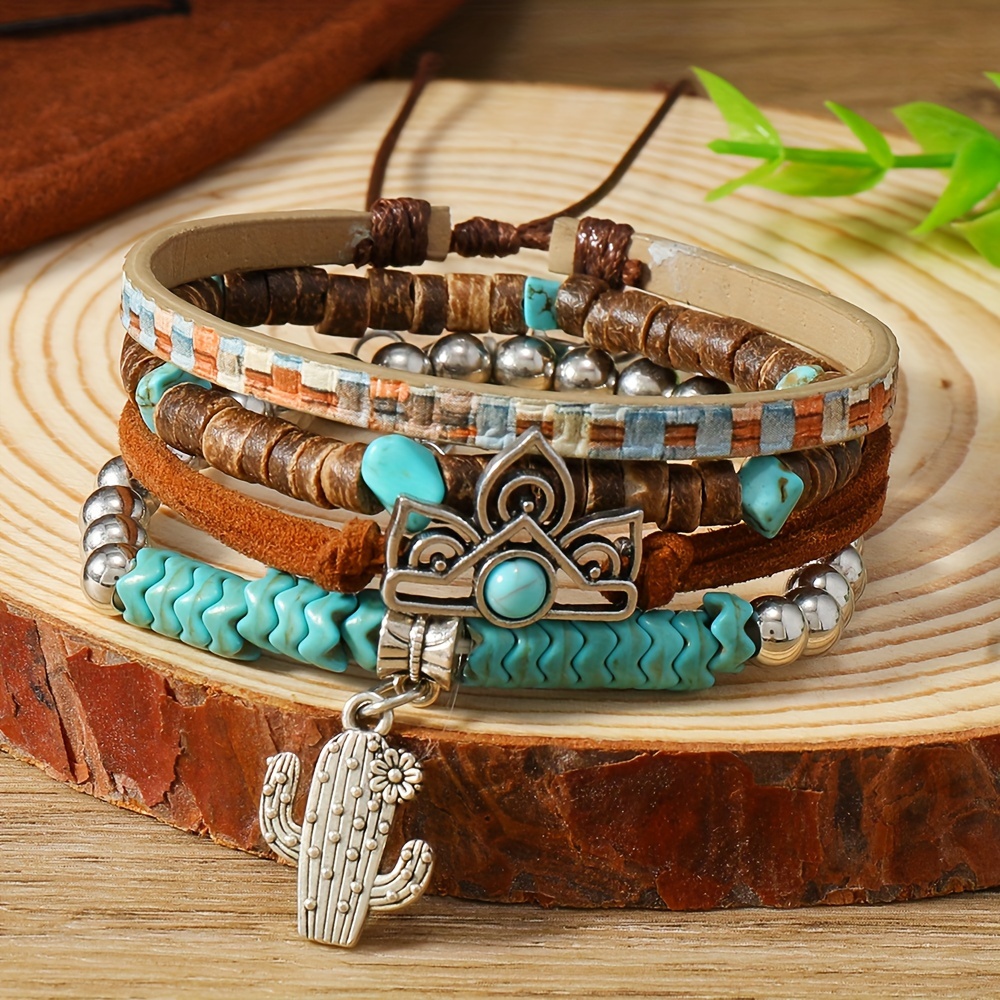 Boho Cactus Turquoise Wooden Bracelet Set Jewelry