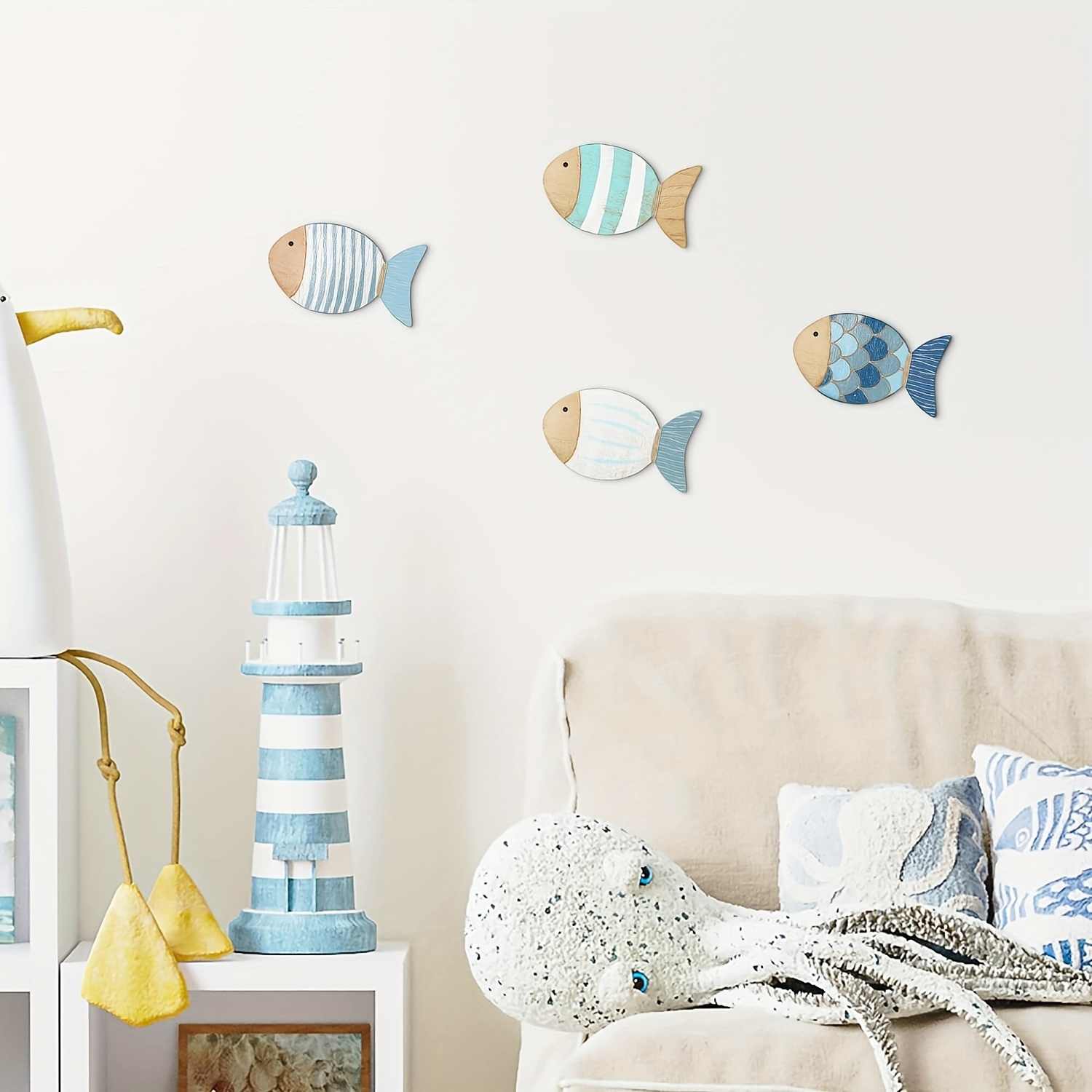 

Set Of 4 Nautical Wooden Fish Wall Decor - Universal Hanging Beach Themed Wall Sculptures For Home, Bathroom, Bedroom - Handcrafted Fish Pendants With Stickers, Without Electricity