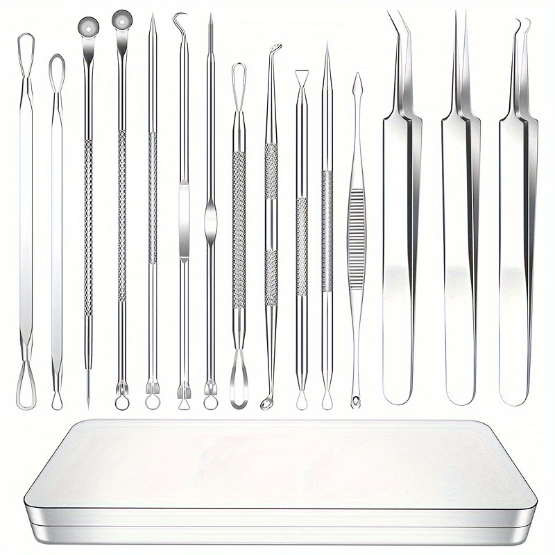 

15pcs Stainless Steel Remover Kit, Treatment Needles, Pimple Extractor Tools, Comedone Blemish Care Set With Metal Storage Box For Deep Facial Cleansing