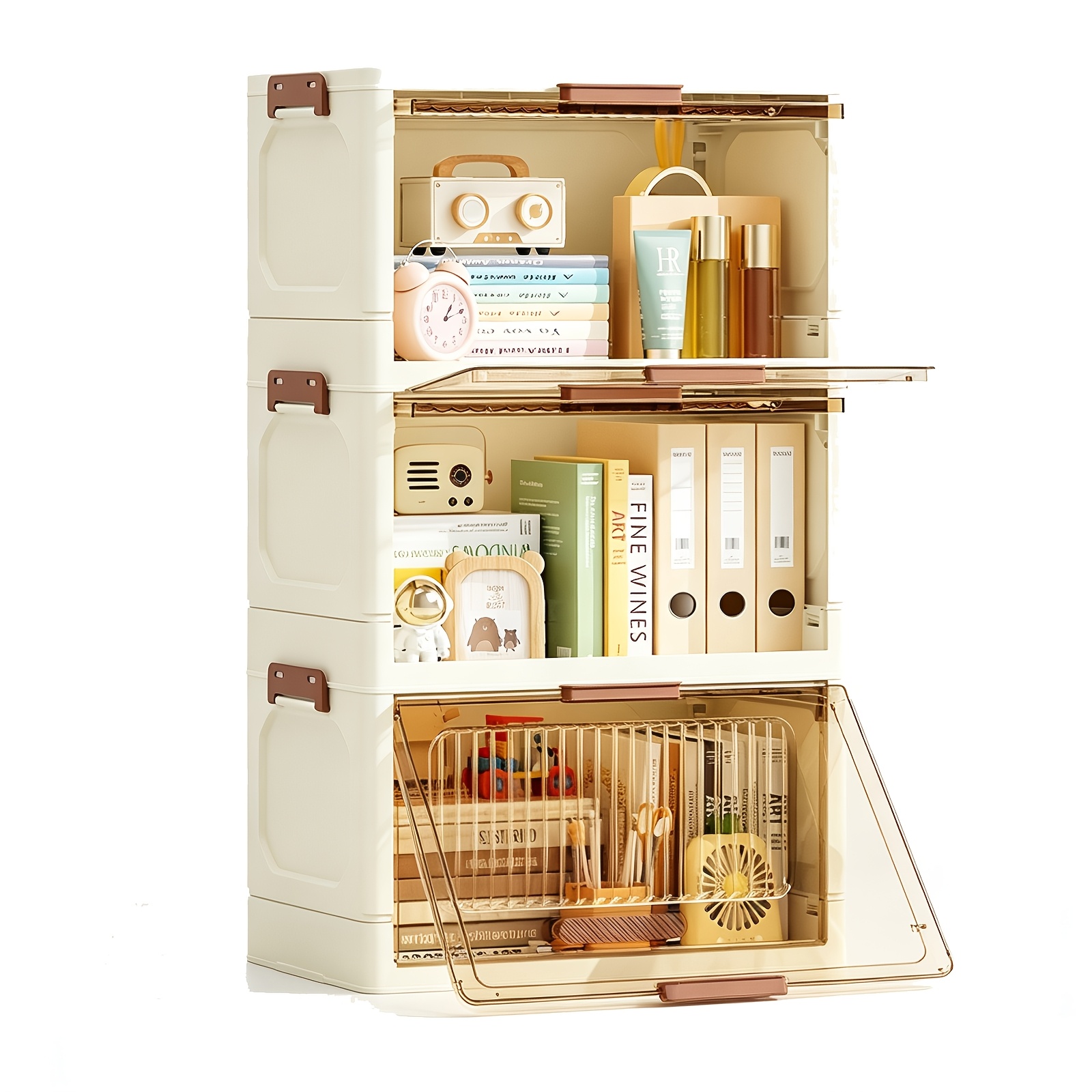Image of Foldable Storage Cabinet 3-tier Stackable Organizer Wide 32cm Cream Amber Door Pp Plastic Collapsible Shoe Box Closet Shelf