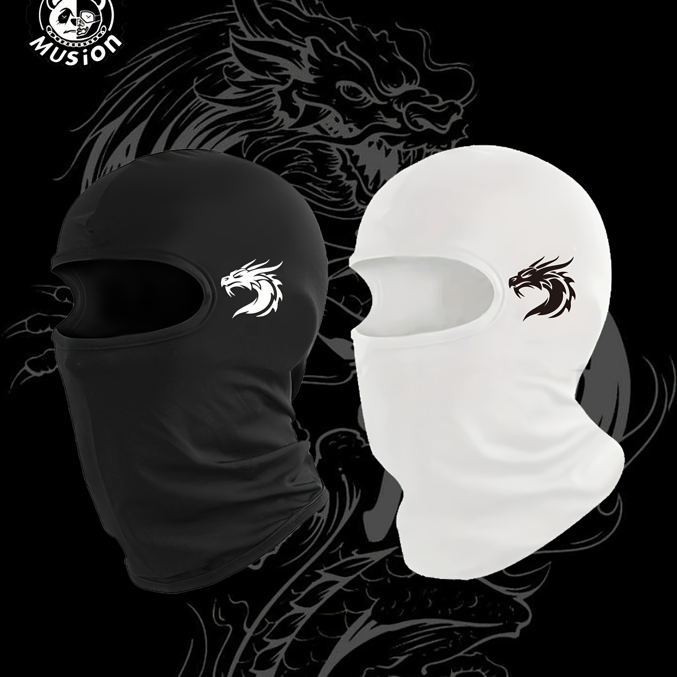 

Musion Dragon Balaclava - Breathable & Dust-proof Full Face Mask With Intricate Dragon Design, Knit Fabric, Machine Washable - Ideal For Cycling & Outdoor Activities, In