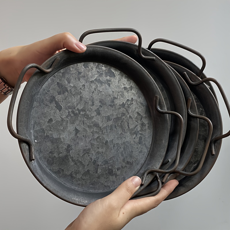 TEMU 5pcs Industrial Rustic Iron Trays With Handles - Round Decorative Serving & Storage Trays, Oil-rubbed Finish For Home Decor, Kitchen, Living