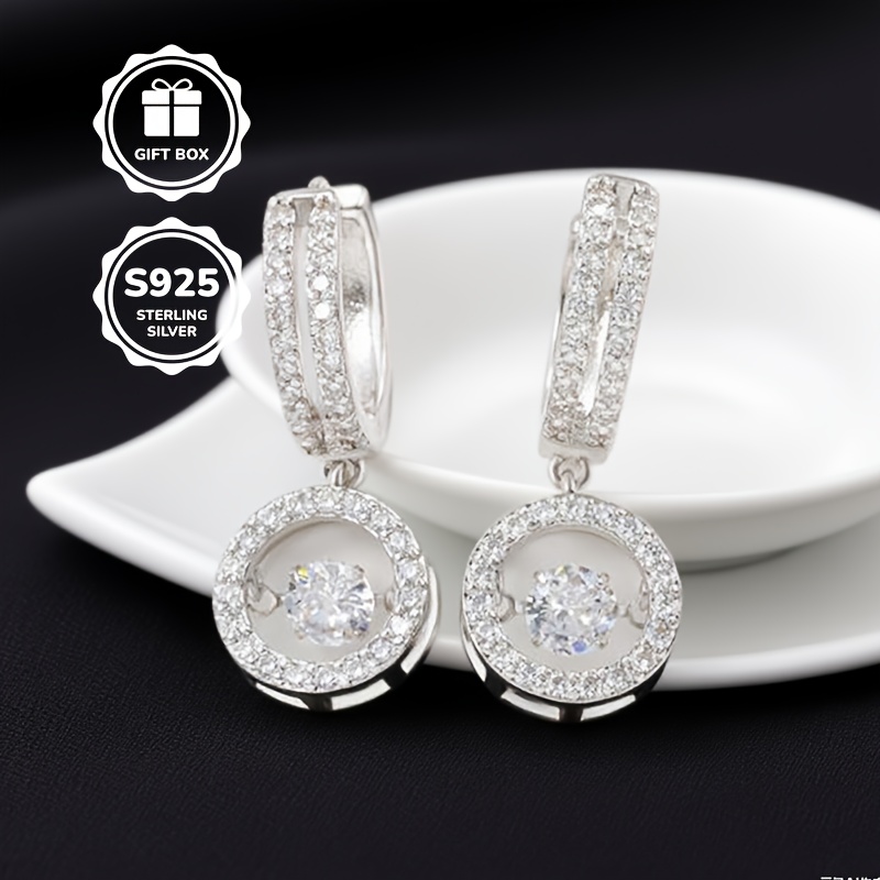 s925 silvery plated sticker earrings   dancing cubic synthetic zirconia pendant earrings ladies shiny circular   cz pendant earrings clear fashionable jewelry daughters mothers birthday party gift Product details 0