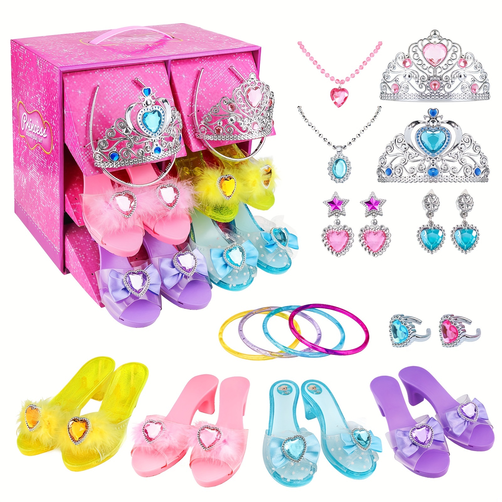 

Girls Princess Dress Up Shoes And Jewelry Boutique, Princess Role Play Shoes Collection Set With 4 Pairs Of Shoes & Princess Jewelry Accessories