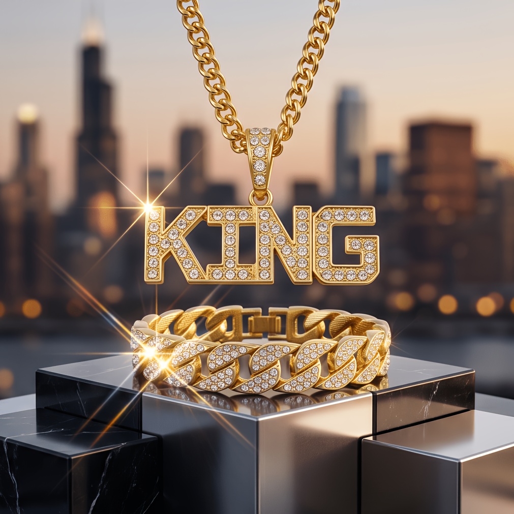 TEMU Ensemble de collier et bracelet hip-hop rétro américain doré en acier inoxydable, 2 pièces, chaîne cubaine avec lettre KING et bracelet large et