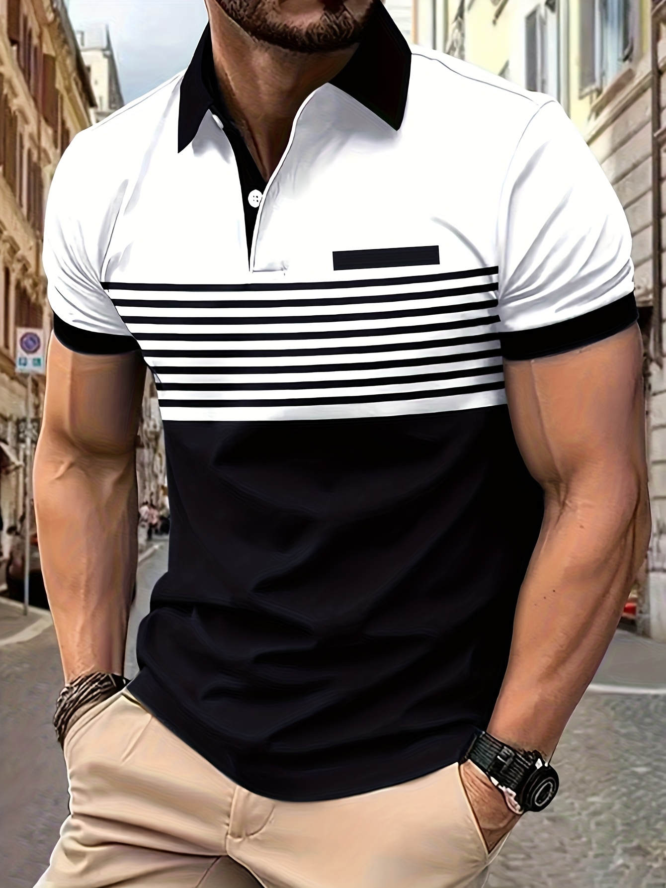 πολό σορτς για άντρες με στυλ και στυλ, κατασκευασμένο από ύφασμα 180g, κατάλληλο για τη θερινή περίοδο, με σχεδιασμό σε χρωματισμούς και ριπές. λεπτομέρειες 30