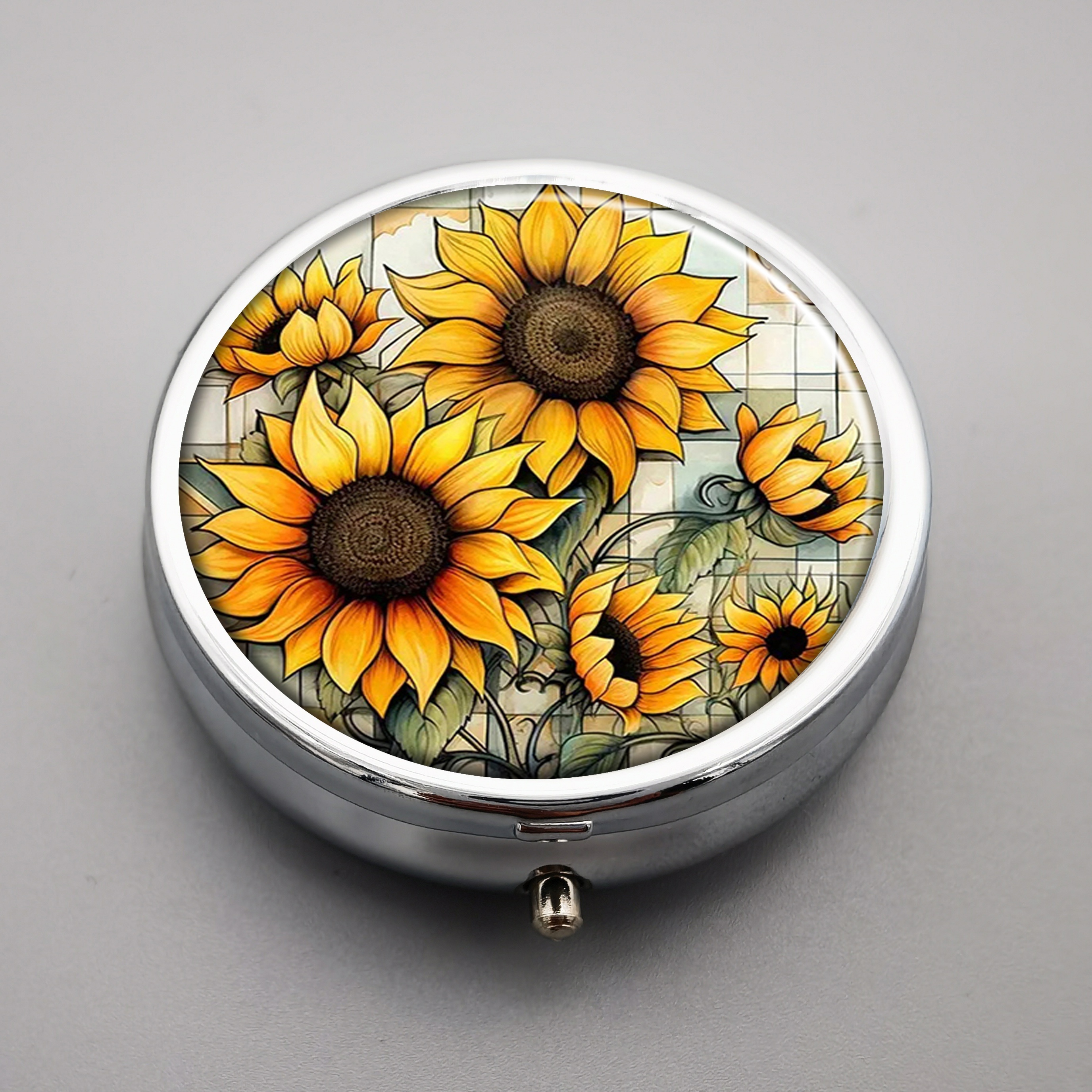 

Sunflower Pill Organizer With 3 Compartments - Decorative Metal Portable Medicine Vitamin Case For Pocket Or Purse - Unique Gift Compact Pill Holder