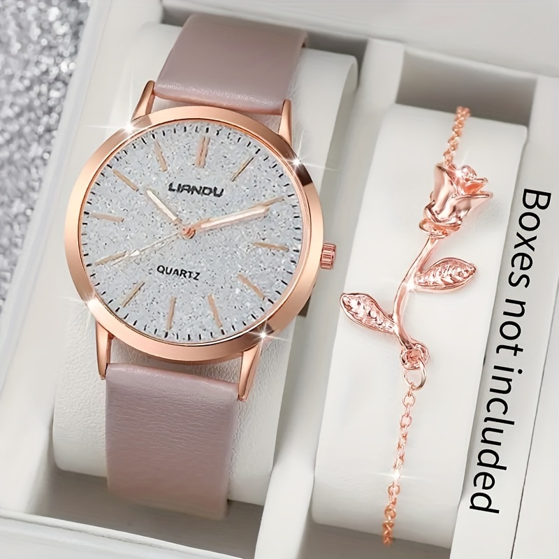 

2 Pcs Round Quartz Watches Pu Leather Strap Alloy Pointer Alloy Dial And Alloy Bracelet Perfect Gifts For Women