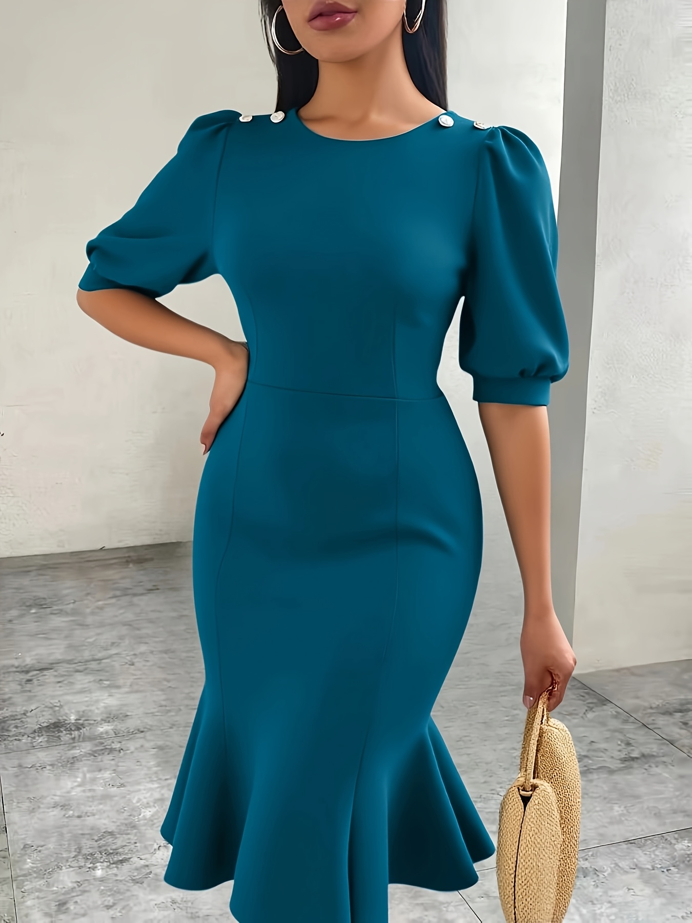 ac218 womens elegant bodycon midi dress stretchy round neck - Temu United  Arab Emirates