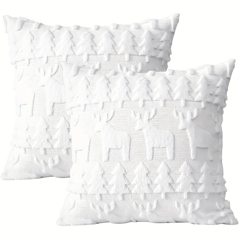 Image of A Set Of 2 Pillow Covers , Red, And White For Christmas Trees, Measuring 18x18 Inches, Featuring Pine Tree And Reindeer Shapes In , Perfect For The Living Room, Bedroom, Or Cottage During The Season