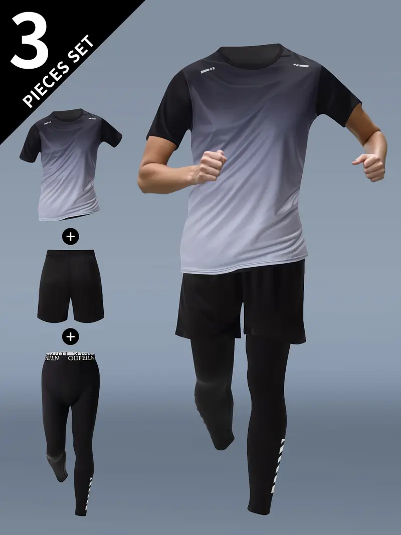 3pcs mens fitness set athletic shorts short sleeve shirt running jacket blue to black gradient stretchy polyester blend crew neck summer sportswear for running and training workout apparel gradient design knit construction gym clothe Product details 10