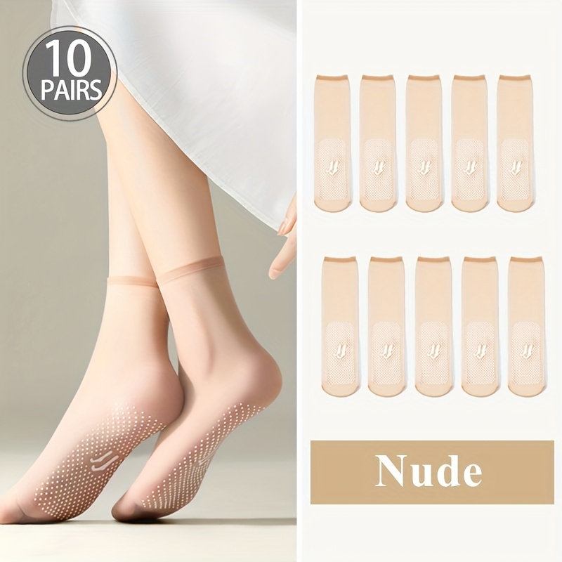 E-shop 10 Paar Damen Kurze Strümpfe mit Anti-Rutsch-Punkten auf den Sohlen, ultradünne transparente Mid-Calf Socken, Anti-Haken Socken, Kristall Socken