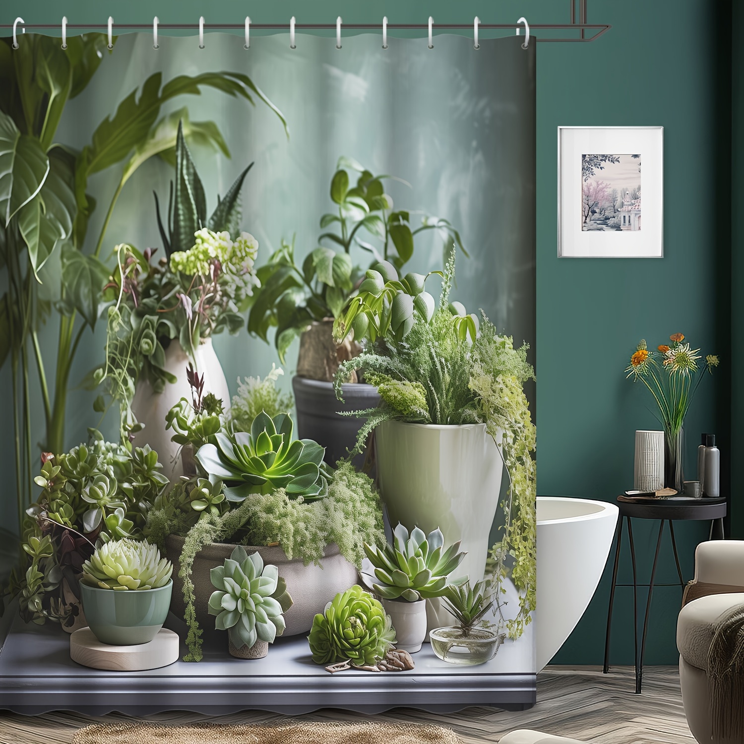 

1pc Succulent & Greenery Pattern, Waterproof With 12 Hooks, Bath Curtain, Bathroom Partition, Room Decoration, Machine Wash Window Bathroom Decoration