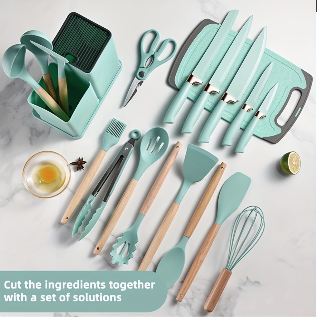 TEMU 19pcs Silicone Kitchenware Set, Bucket Silicone Kitchenware Set Of 19pcs, Food Grade Silicone Cooking Spoon Shovel Cutting Chopping Board Fruit