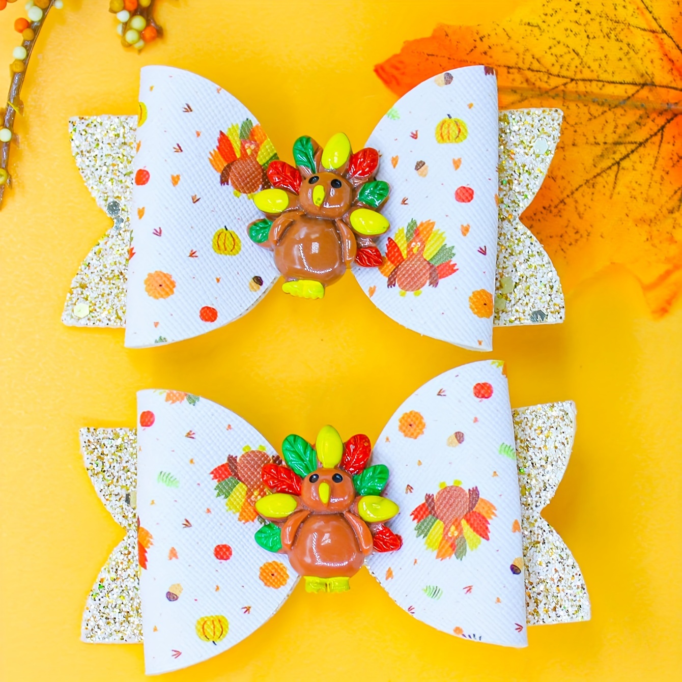 

2-pack Thanksgiving Turkey Hair Clips - Bows, Suitable For 15+, And Plastic Autumn Barrettes, Handmade Hair Accessories