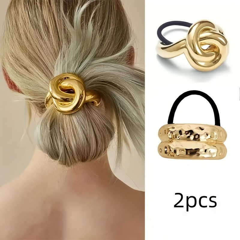 TEMU 2 Styles Of European And American-style Textured Elastic Hair Ties, Elegant Metal Hair Rings, Versatile Ponytail Clips And Hair Fasteners For