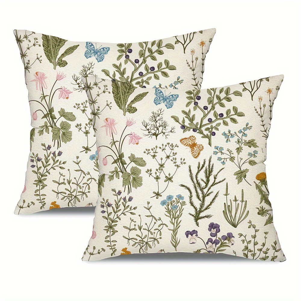 

2pcs Countryside Style Wildflowers And Butterflies Throw Pillow Covers, 18x18 Inches, Decorative Cushion Cases For Couch, Sofa, And Bedroom, No Inserts