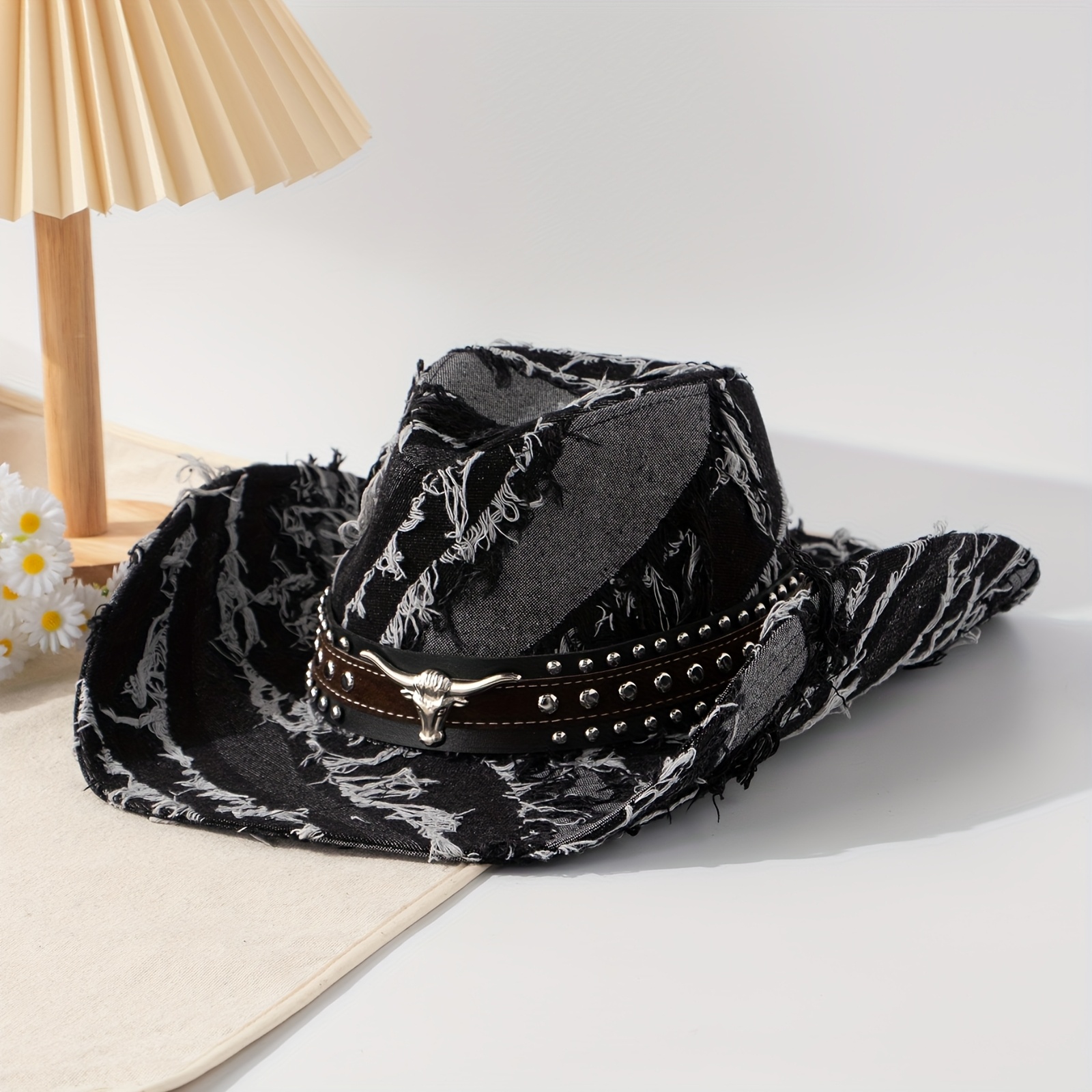 Silvery Large Round Rivet Contrast Washed Denim Stitching Tassel Drop American Western Cowboy Hat