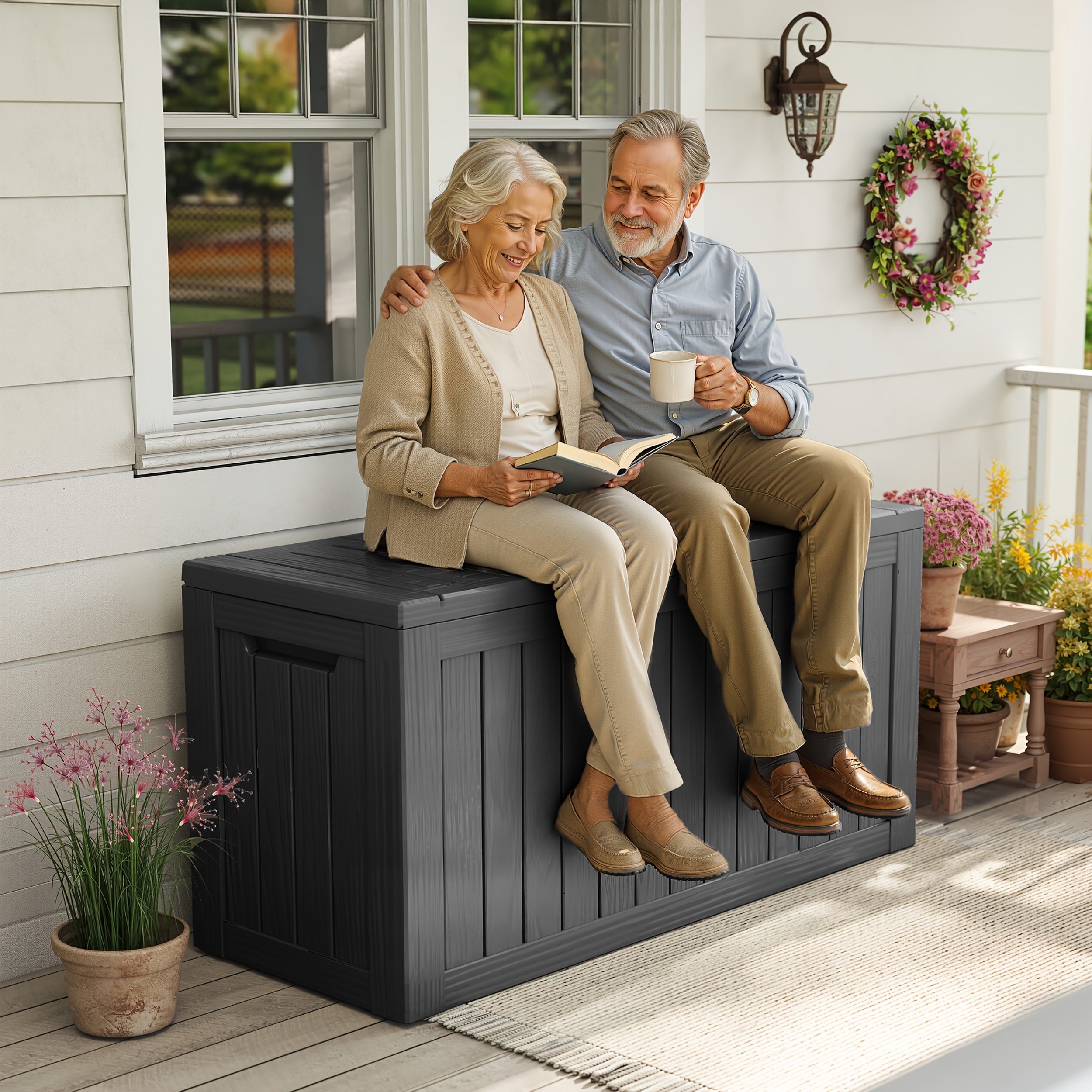 92gallon deck box wood grain outdoor storage box weatherproof and uv resistant resin package delivery and storage box with lockable lid for patio furniture cushions pool additions garden tools outdoor box cabinet rack for outdoor storage