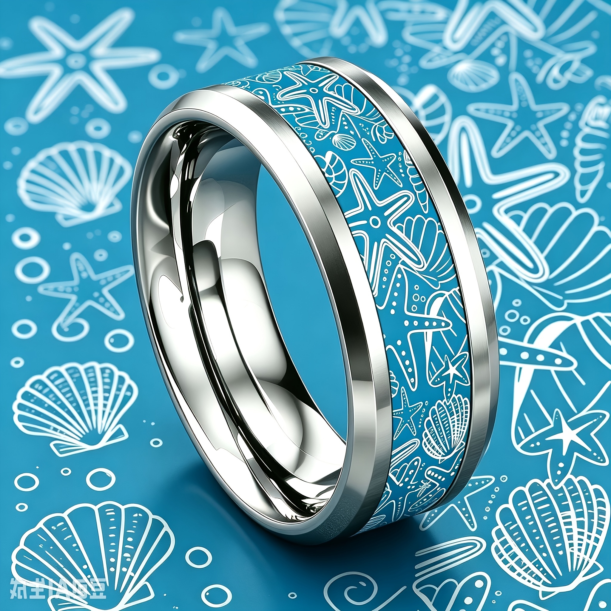 Lake Blue Starfish and Seashell 304 Stainless Steel Ring, 8mm