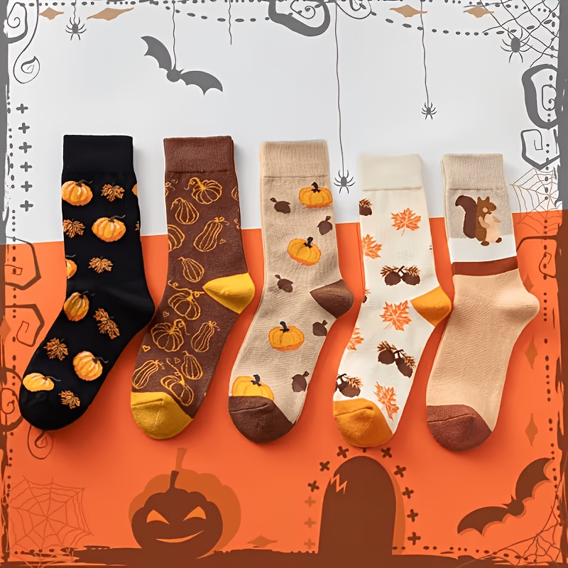 TEMU 5-pair Pack For Halloween & Thanksgiving Socks - Pumpkin & Squirrel Cartoon Moisture-wicking Mid-calf Unisex Sock Suitable For , Sweat-absorbent