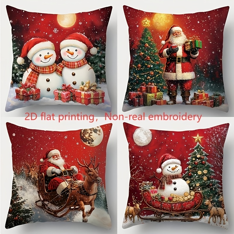TEMU 2d Flat Printing, 4pcs, Christmas-themed Pillowcases, Snowman, Santa Claus, Reindeer, And Christmas Tree. Non-real Embroidery, Suitable For Home