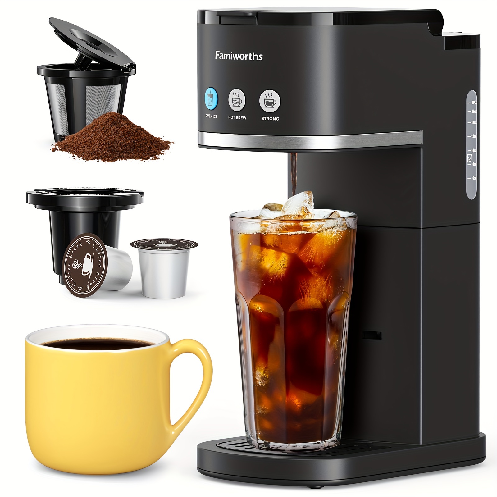 

Famiworths Single Serve Coffee Maker, Iced And Hot Coffee Machine For K Cup & Ground Coffee, 6 To 16 Oz Brew Sizes, Fit 8.5" Travel Mug, Capsule Coffee Machine With Descaling Reminder, Black