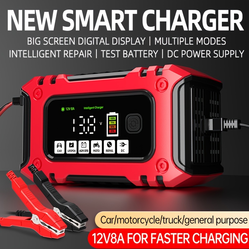 

Car Battery Charger, 12v 8a Trickle Charger, Car 12v Battery Maintainer, Desulfurizer With Temperature For Trucks Motorcycles And Lithium Iron Phosphate Batteries, Without Battery