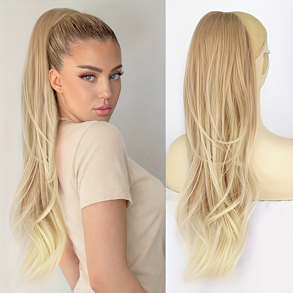 TEMU 26inch Synthetic Long Wavy Drawstring Ponytail Straight Hair Ponytail Extensions For Women Natural Blonde Highlight Ombre Pink Colors For