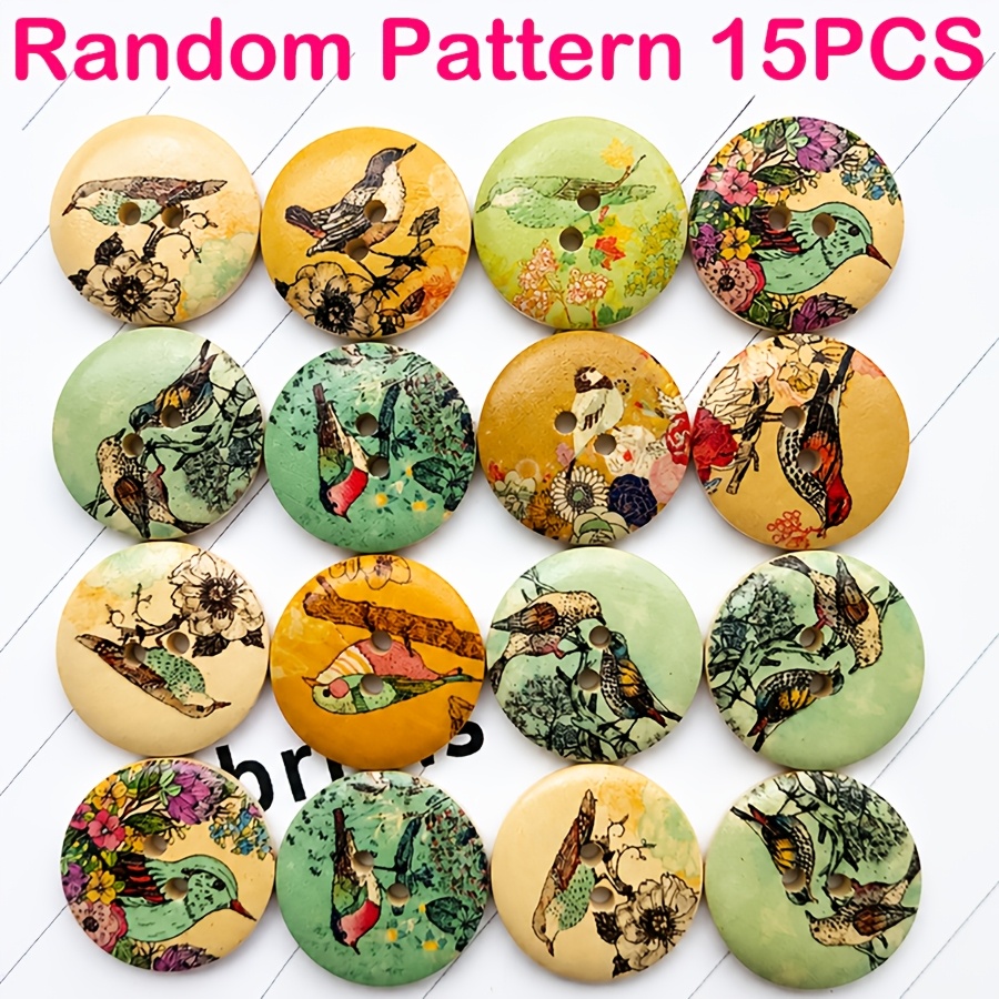TEMU 15pcs Retro Print Wooden Buttons, 25mm / 0.984in, Craft Materials, And , Box Packaging Decorative Wooden Buttons, Knitting Sewing Supplies,