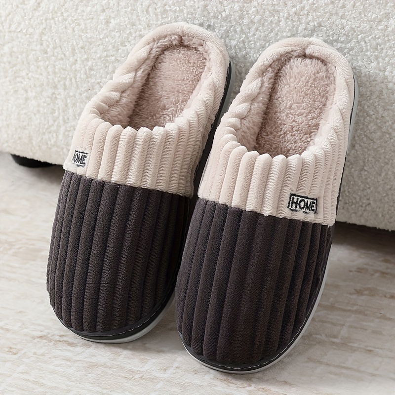 

Cozy Plus Size Men's Plush Slippers - Indoor Shoes With Soft Fabric Lining And Non-slip Tpr Sole, Ribbed Design, "home" Embroidery For Winter