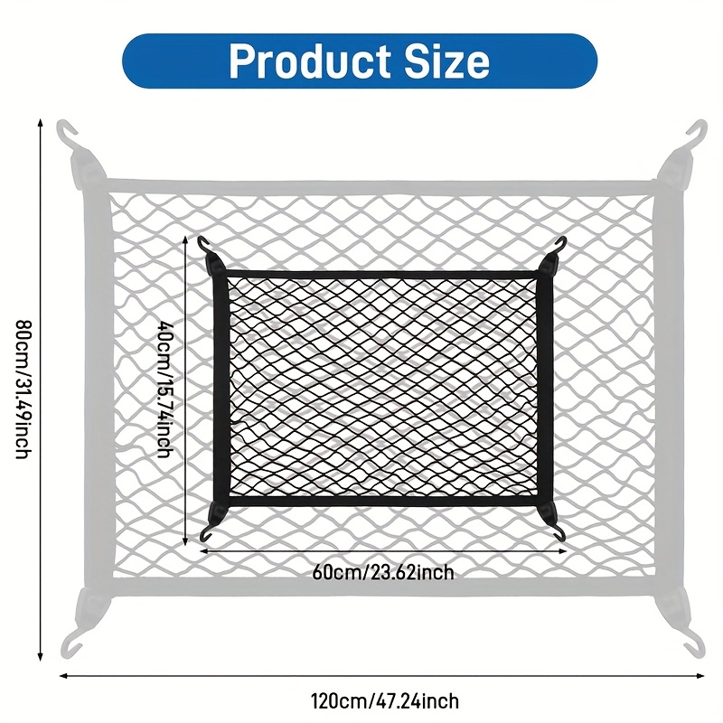 TEMU Luggage Net For Car Trunk With 4 Hooks, Trunk Net Measuring 60 X 40 Cm Can Extend To 120 X 80 Cm, Suitable For Rvs, Cargo Net For Securing