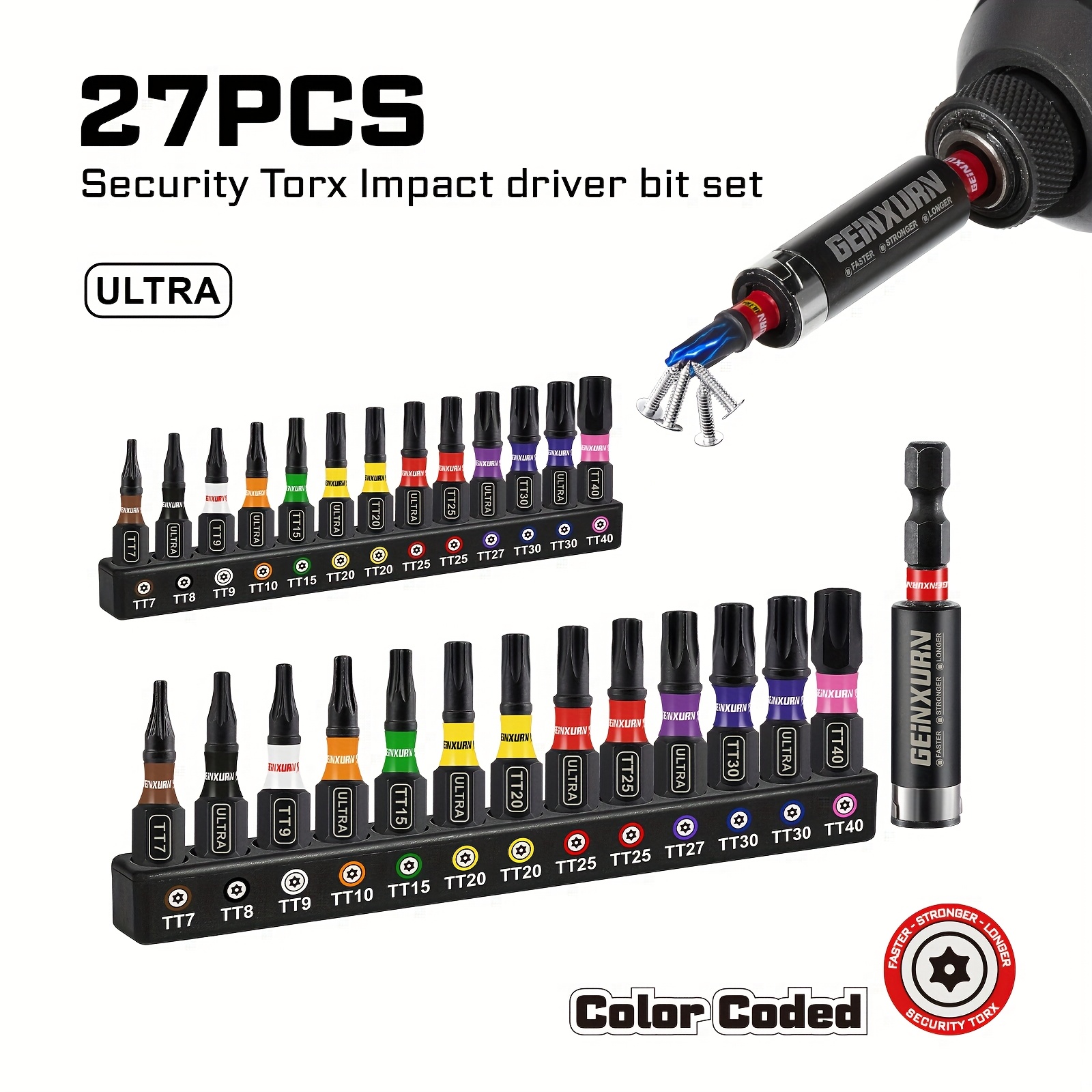 Image of 25mm Security Torx Impact Bit Set, S2, Tt7, Tt8, Tt9, Tt10, Tt15, Tt20, Tt25, Tt27, Tt30, Tt40 Hex Shank, Magnetic, Tamper-proof, For Electric And Manual Screwdrivers, , No Electricity Required