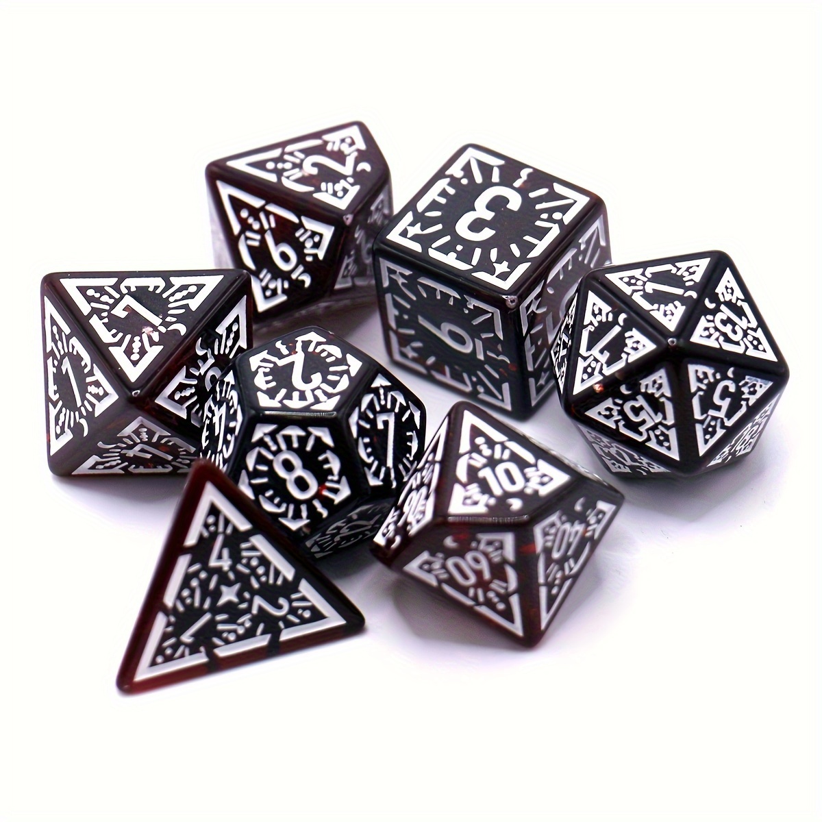

7pcs Translucent Classical Rune Relief Board Game Dice Set, Polyhedral Table Game Dices For Rpg Dice Games