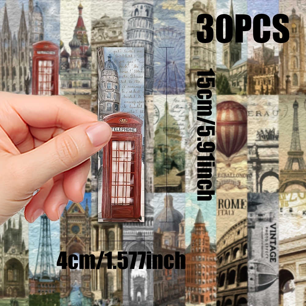 Image of Set Of 30 Vintage Bookmarks Featuring Iconic Architecture, Beautifully Colorful, Perfect For Marking Pages In Books, Diaries, Or Notebooks. A Personalized And Creative Cardstock Paper Accessory