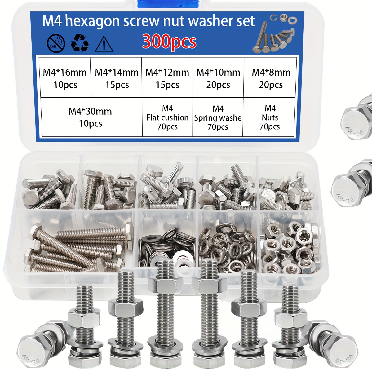 300pcs/m4 Stainless Steel Hexagon , Screw, Nut Set, , Screw, Nut, Flat Spring Washer Set, Hexagon Screw, Hexagon Nut, Flat Washer, Spring Washer