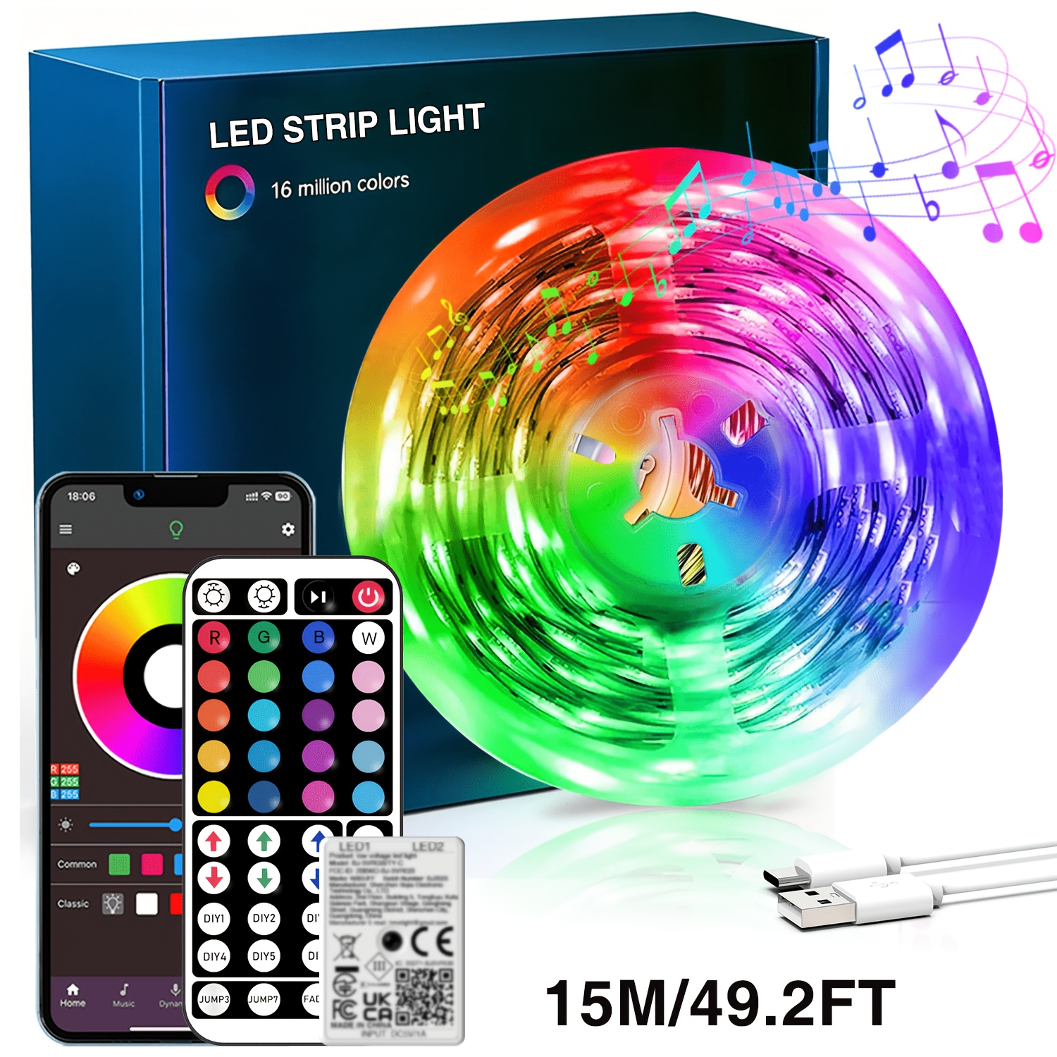 Nbbuff Led Strip Lights, Music Synchronized, Dimmable, Timer, 44-key Remote Control, Usb Powered. Led Lights For Bedrooms, Kitchens, , And Party Multiple Colors . Led Lights For Room, Room Decor