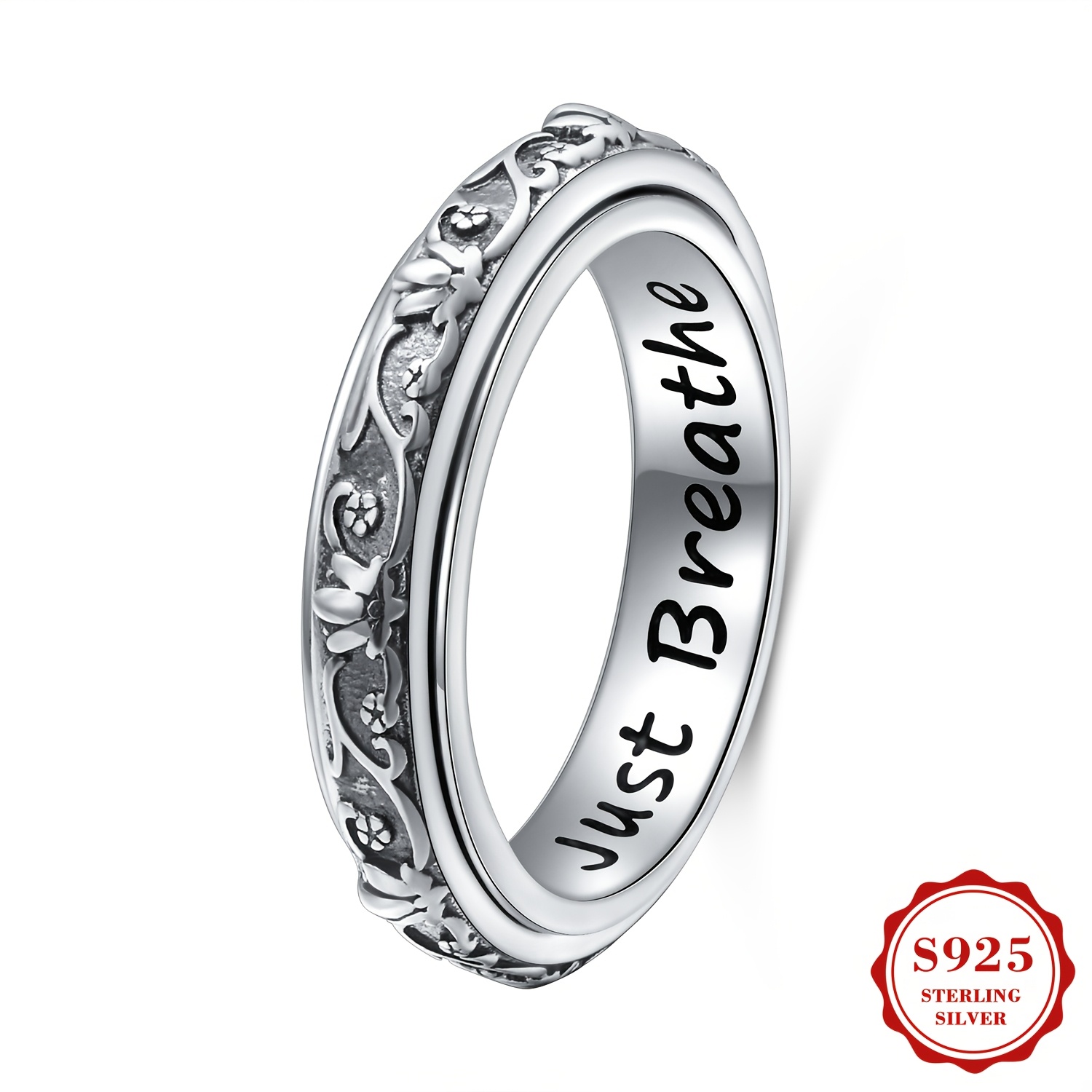 spinner fidget ring s925 sterling silver lotus   just breathe anxiety worry band oxidized fidget boredom adhd autism rings for women Product details 0