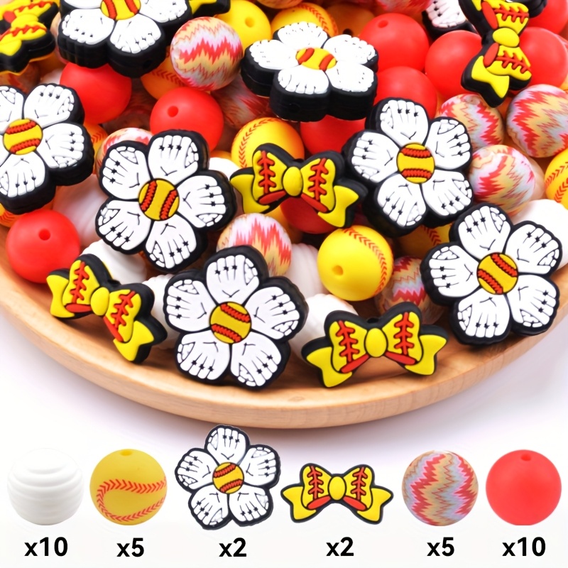 TEMU 34pcs Sports Baseball Series Silicone Beads, Leopard Printed Colorful Round Beads, Suitable For Jewelry Decoration, Diy Set Making Accessories