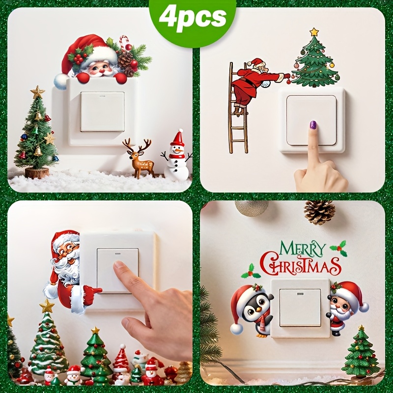 Image of 4pcs Self-adhesive Pvc Matte Santa Switch Plate Stickers - Cute Christmas Light Switch Decals With Santa Face & Switch Shapes, & Stick For Walls, Doors, Light Switches - Festive For Room,, Holiday
