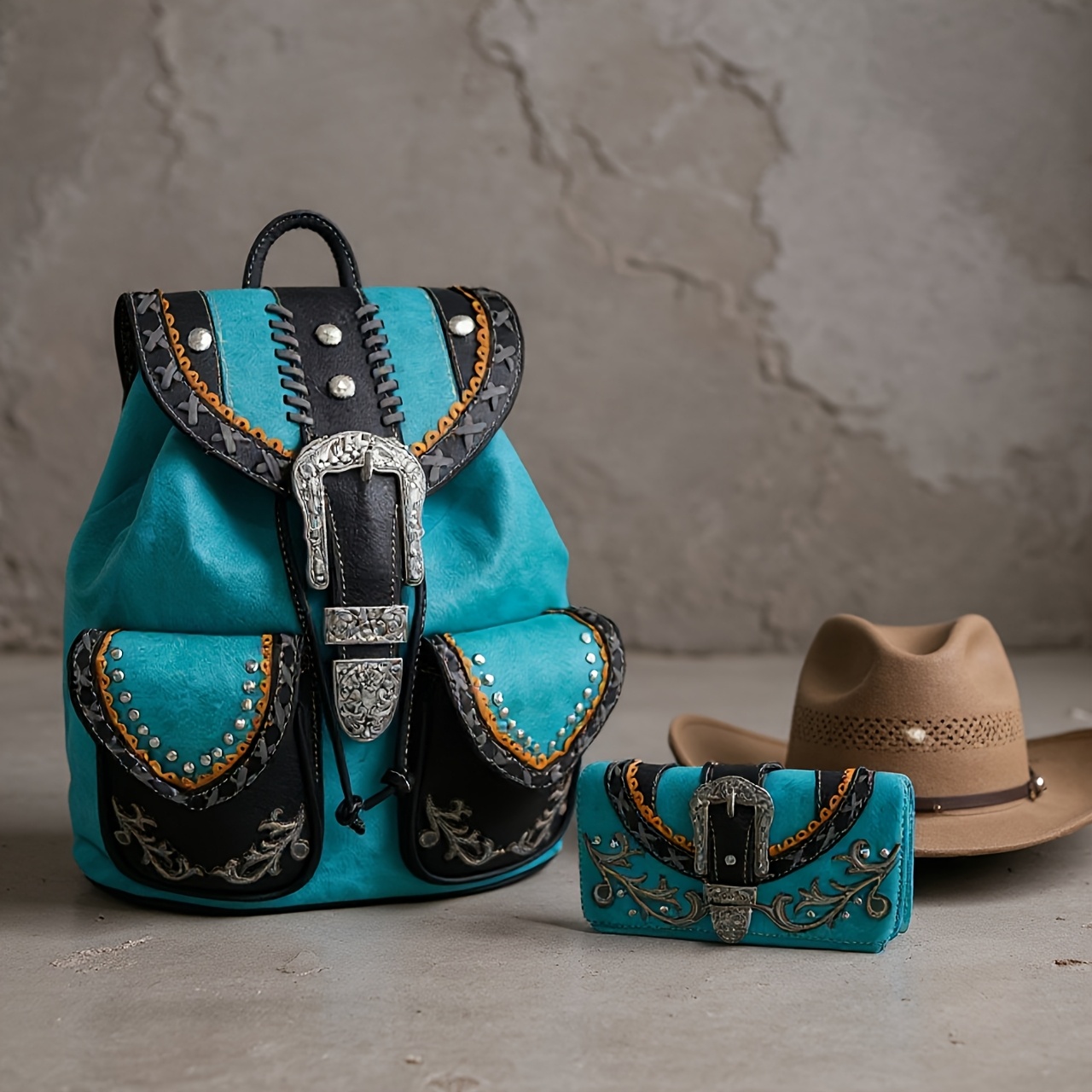 western cowboy style studded backpack wallet set matching - Temu display picture 1