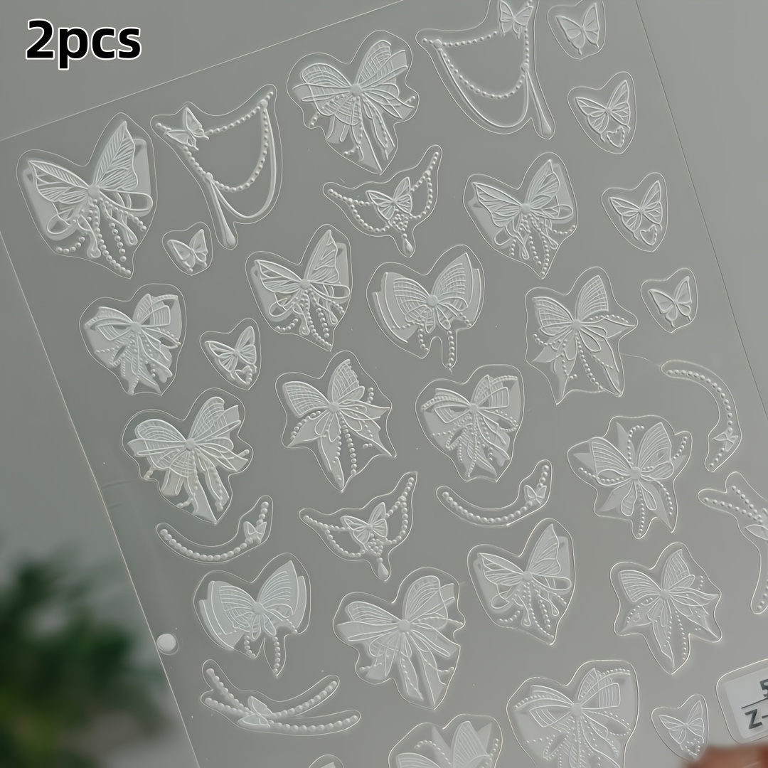 Image of 2pcs Black & White Nail Stickers | 3d Pearl-embossed Lace , Matte Ceramic Base With Accent, Waterproof Self-adhesive For Natural & Press-on Nails