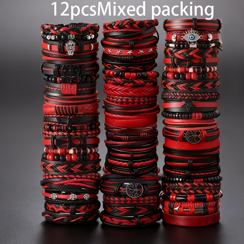 TEMU 12/24pcs Mixed Gothic Black And Red Vintage Bracelet Set - Adjustable Woven Cuffs, Unisex Vintage Fashion Accessories, Versatile Daily Wear,