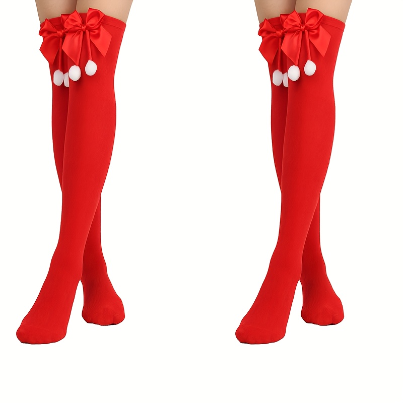 1 Pair Red Ball Pendant Decorated Thigh High Socks, Music Festival Bow Over The Knee Socks, Ladies Tights And Hosiery