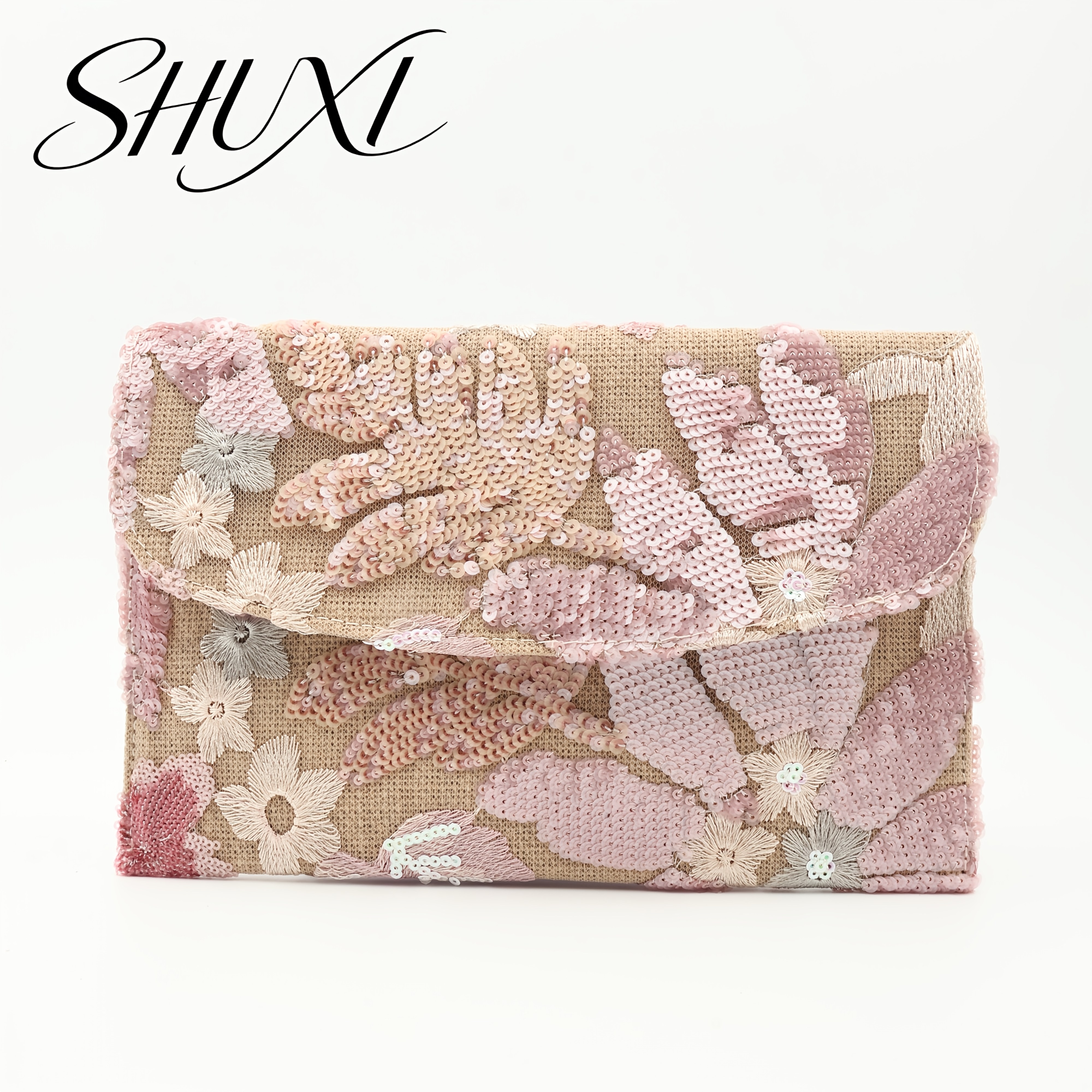 TEMU Women's Evening Clutch, Pink Sequined Embroidered Floral Pattern Envelope Bag, Random Pattern, Suitable For Banquets, Balls, Parties, And Formal