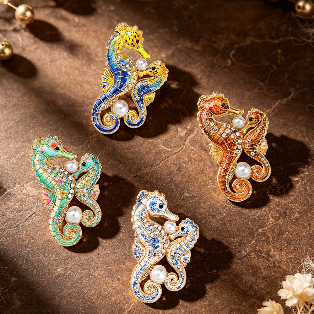 Rhinestone Seahorse Enamel Brooch, Embracing Design