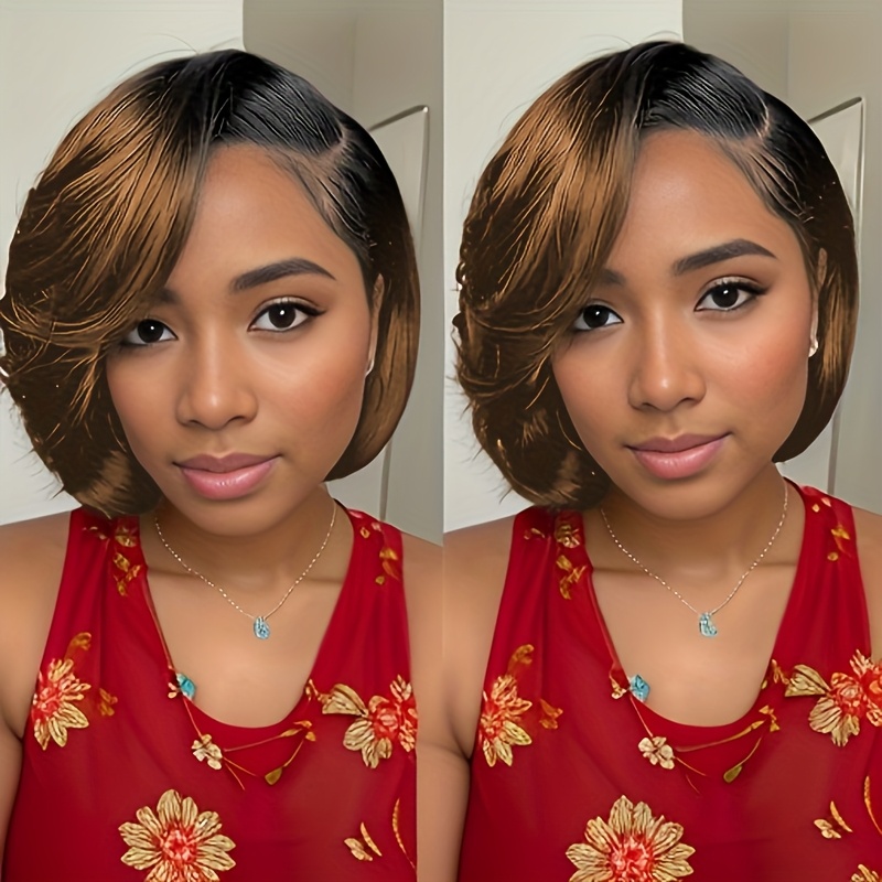 TEMU Chic Straight Cut Human Hair Wig - 8" Lace Front, 13x4 , Natural Look, 150% Density For Women - Versatile Short Hair Style With Gradient Brown, Everyday Wig | Sleek Short Wig | Wig